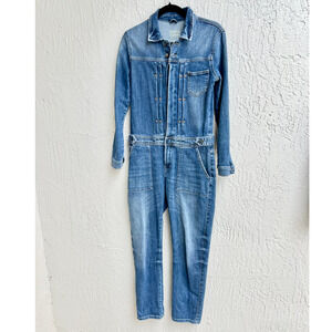 Zara Embroidered Pleated Tapered Leg Jumpsuit Denim Blue Women's Small